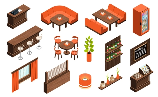 Isometric restaurant interior icons set with furniture and decor items isolated vector illustration