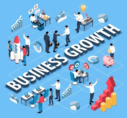 Isometric business growth flowchart with successful development symbols vector illustration