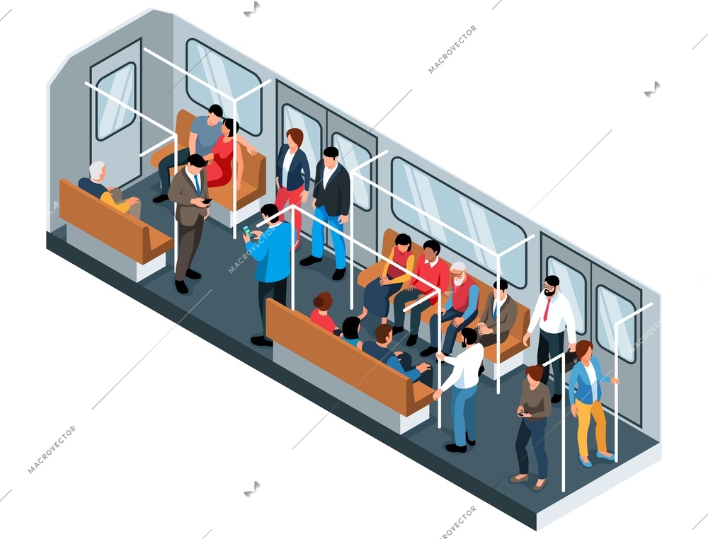 Isometric subway concept with train interior full of passengers vector illustration