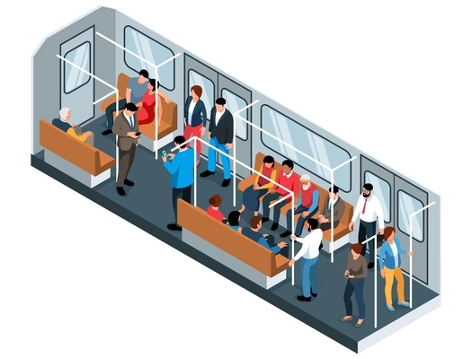 Isometric subway concept with train interior full of passengers vector illustration