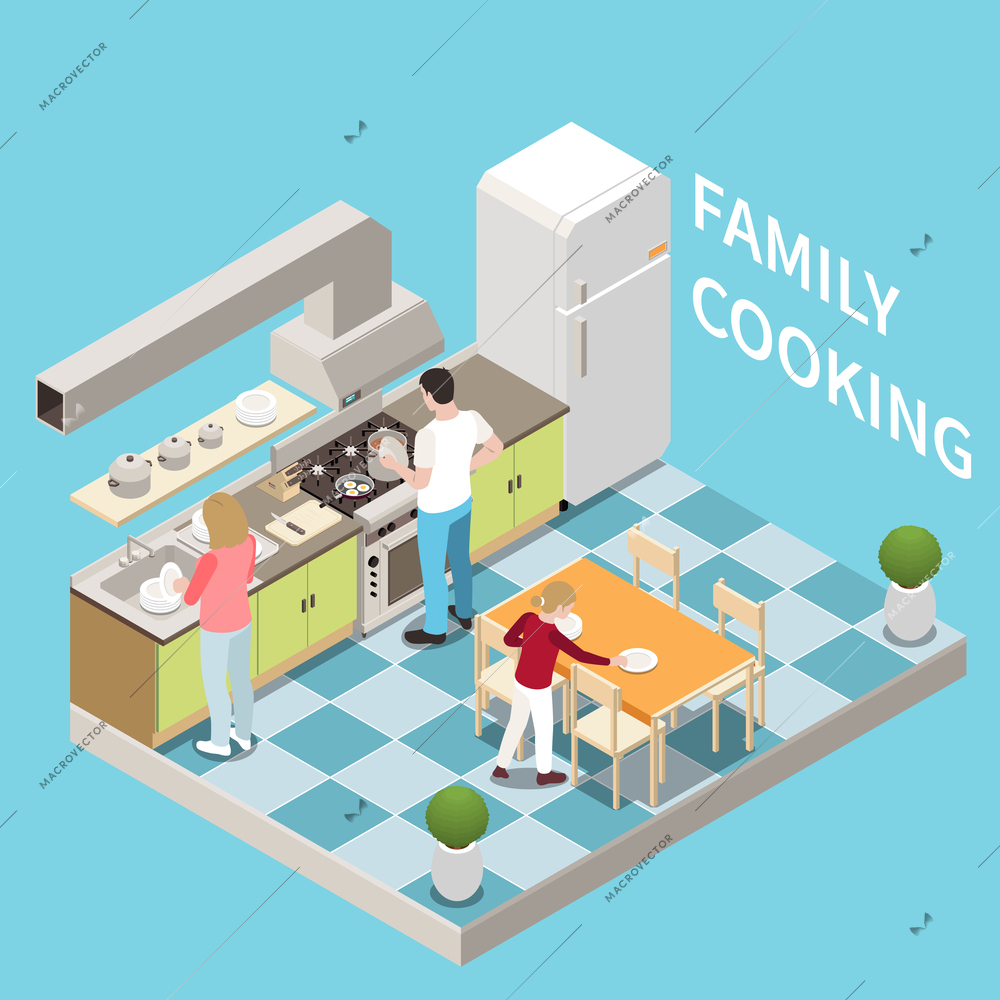 Family cooking isometric background with father preparing food mother washing dishes daughter serving table in home kitchen vector illustration