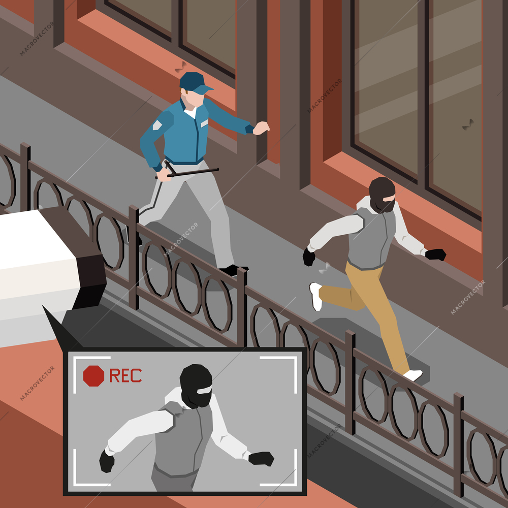 Security service isometric background with guard running for robber in mask recorded by video camera vector illustration