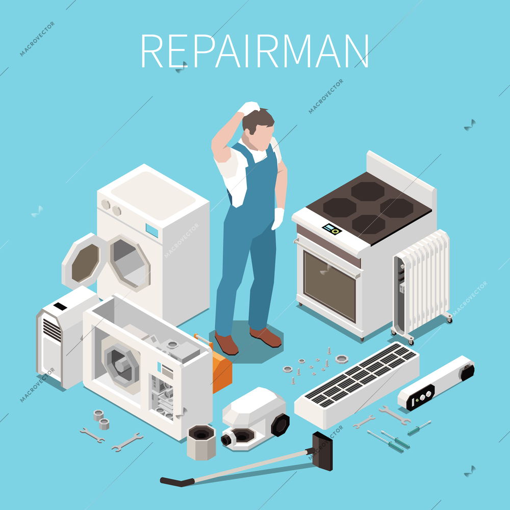 Concerned repairman isometric composition with man in uniform surrounded by parts from faulty home appliances vector illustration