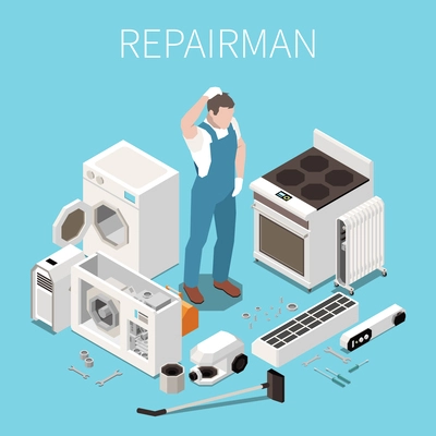 Concerned repairman isometric composition with man in uniform surrounded by parts from faulty home appliances vector illustration