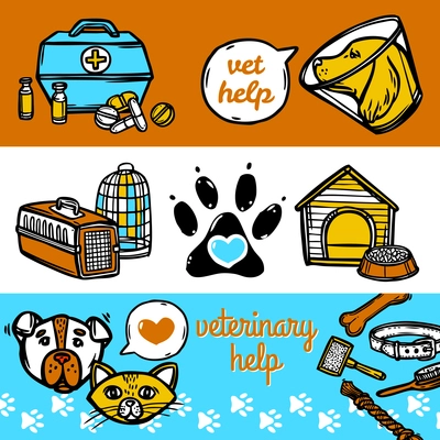 Veterinary sketch horizontal banners set with vet help elements isolated vector illustration