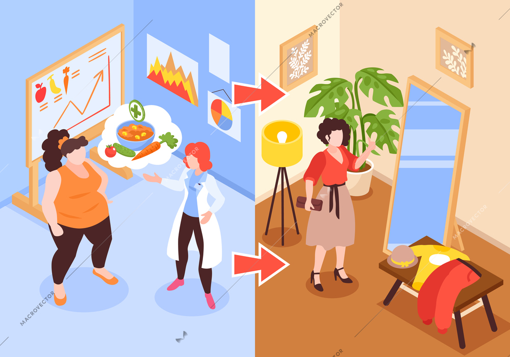 Isometric beauty transformation concept with woman before and after weight loss vector illustration