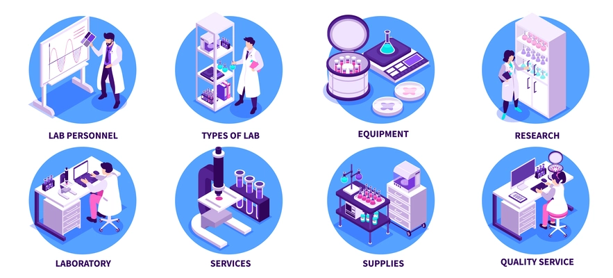 Isometric scientific laboratory concept set with research equipment and supplies isolated vector illustration