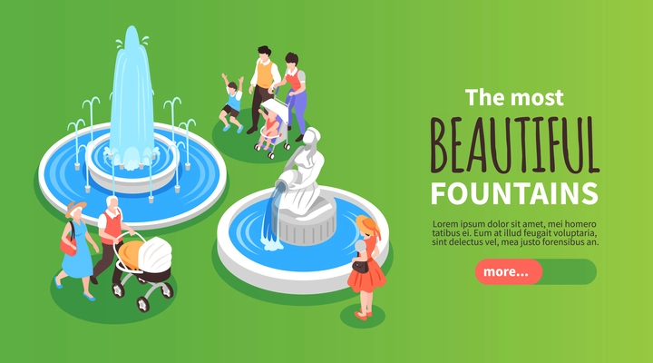 Isometric fountain composition with people walking in city park vector illustration