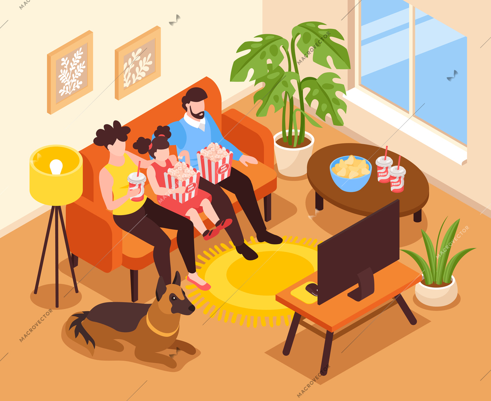 Isometric home cinema concept with family watching tv in living room vector illustration