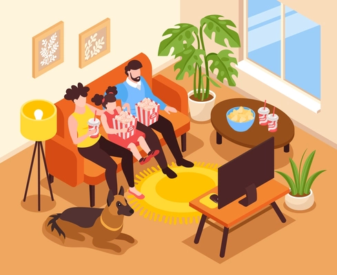 Isometric home cinema concept with family watching tv in living room vector illustration