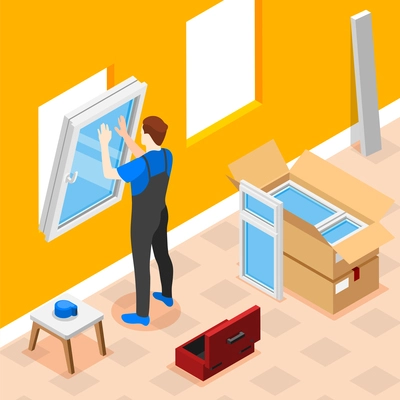 Plastic windows isometric concept with male worker doing indoors installation vector illustration