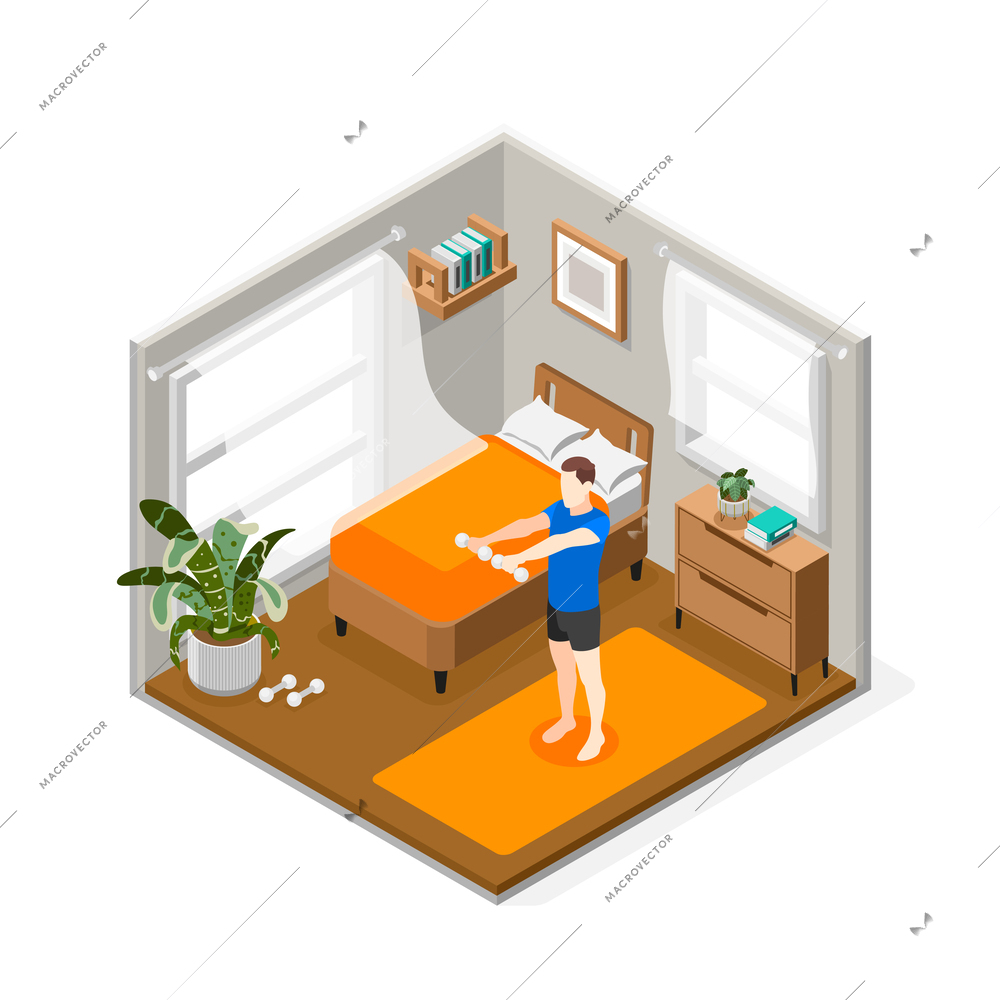 People morning routine isometric composition with man doing exercises in his room vector illustration