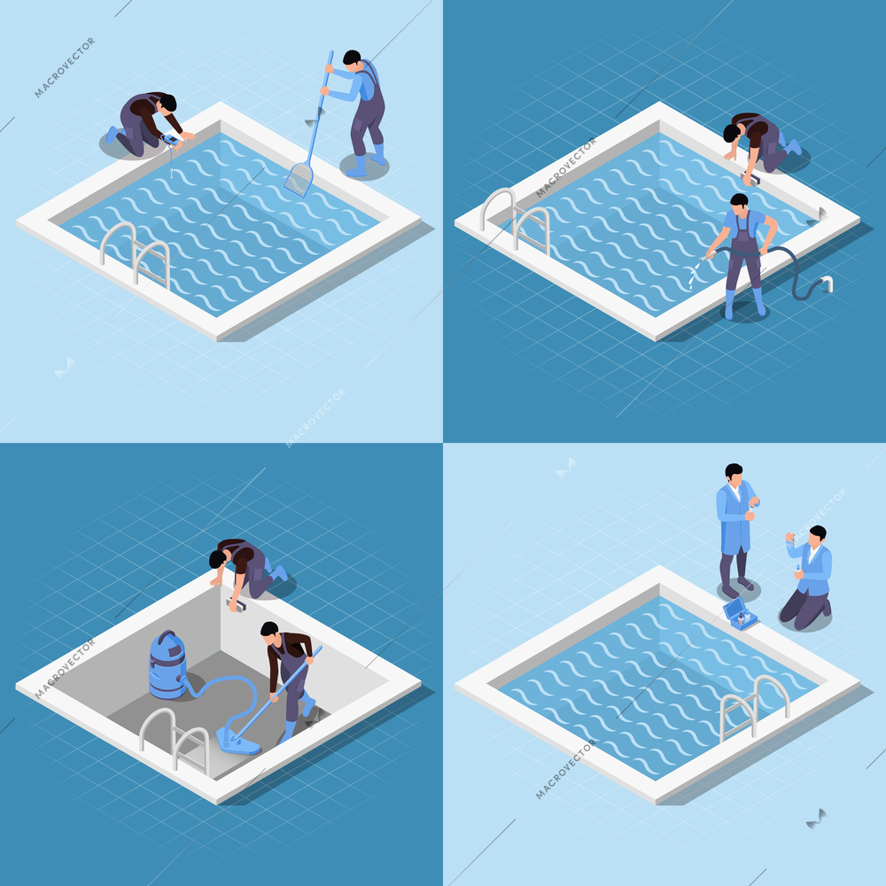 Swimming pool maintenance service isometric 2x2 set of compositions with human characters cleaning square shaped pool vector illustration