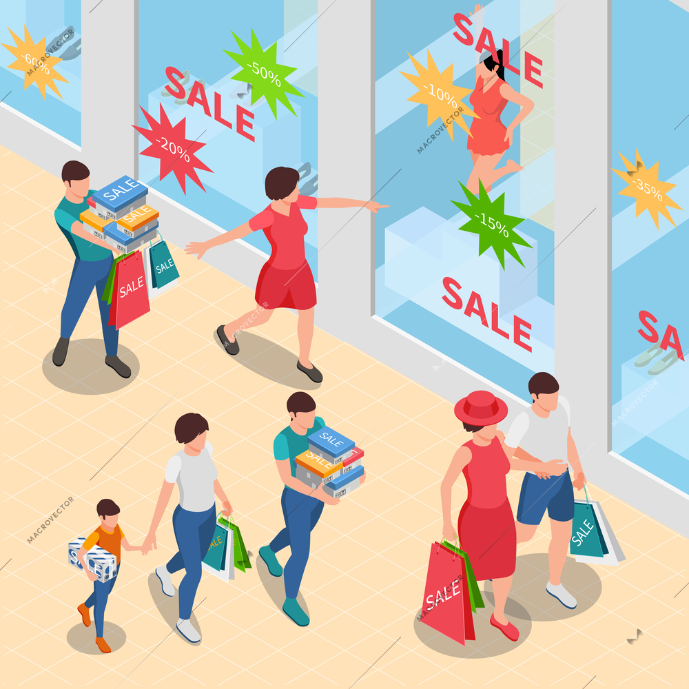 Shopping people isometric composition with mall scenery and walking human characters  carrying bags with purchased goods vector illustration