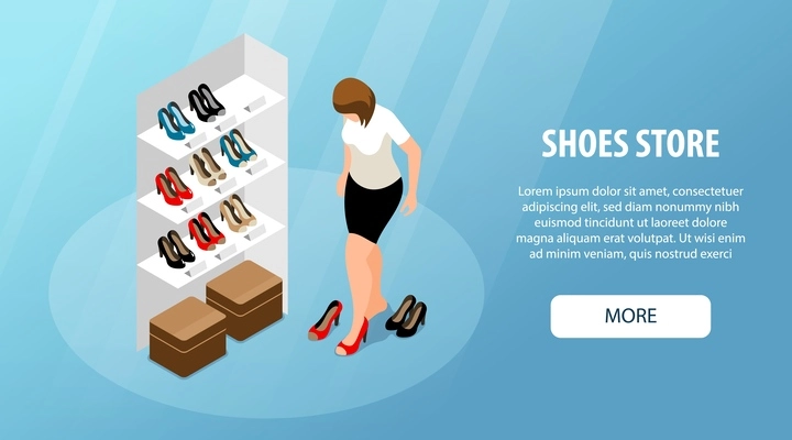 Isometric shoe store concept with female trying high heels vector illustration