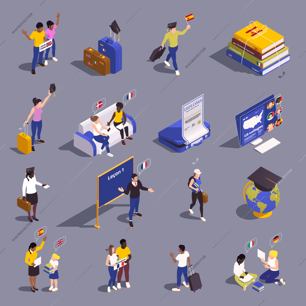 Global education student exchange isometric set with isolated compositions of young human characters and learning materials vector illustration