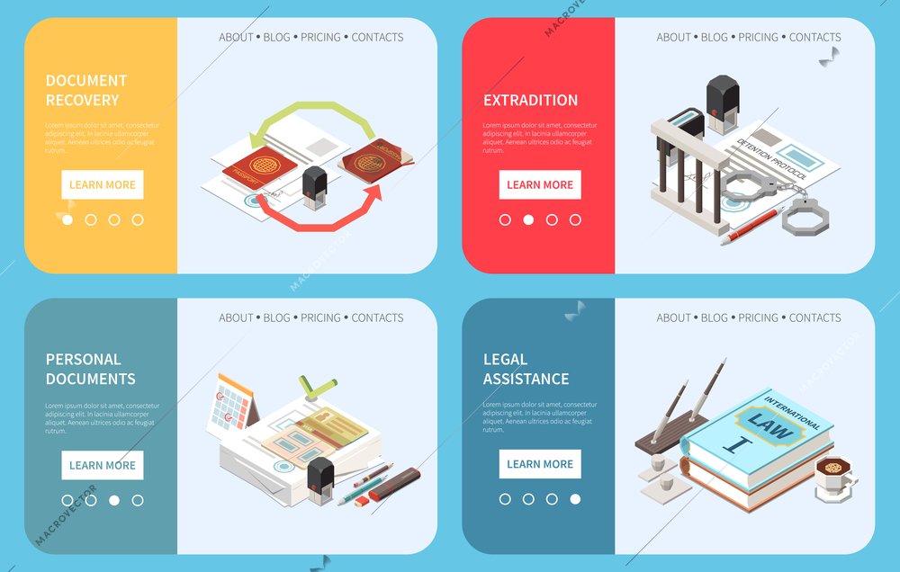 Embassy services landing pages providing information about legal assistance document recovery personal support extradition isometric vector illustration