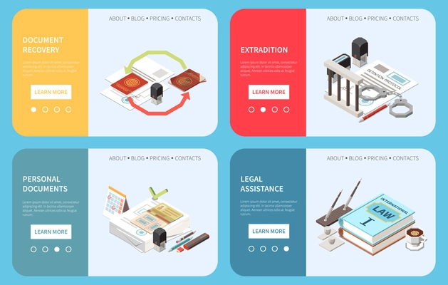 Embassy services landing pages providing information about legal assistance document recovery personal support extradition isometric vector illustration