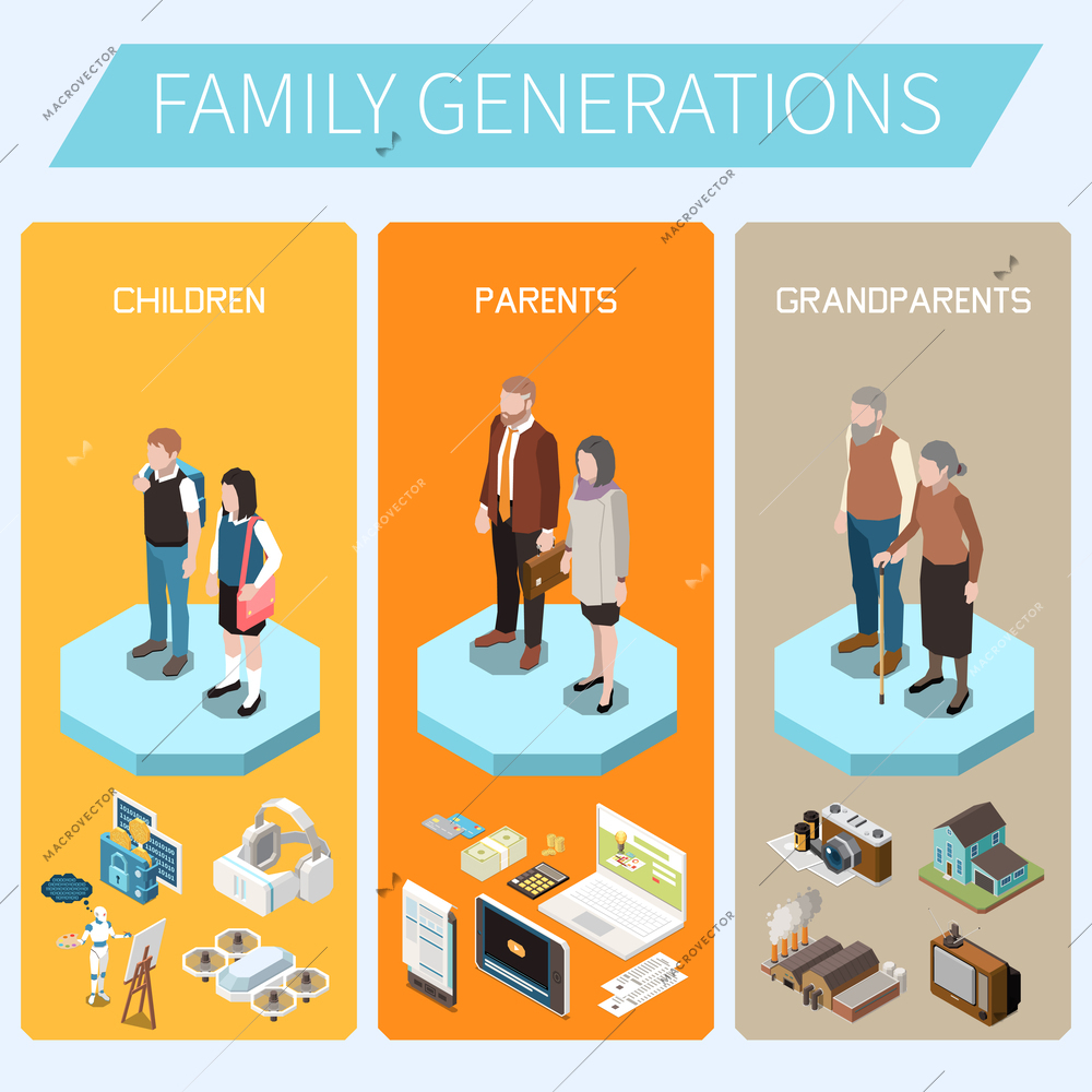 Family generations isometric background depicting children parents grandparents characters and their interests vector illustration