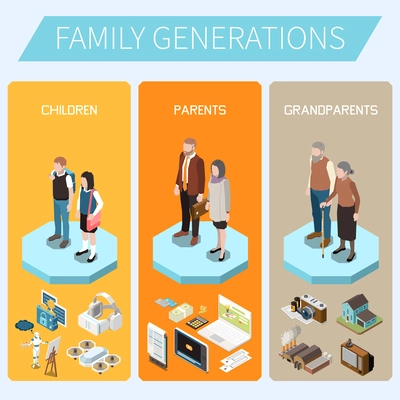 Family generations isometric background depicting children parents grandparents characters and their interests vector illustration