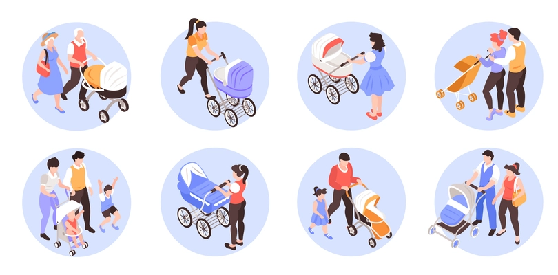 Isometric concept icons set with parents carrying baby carriage isolated vector illustration