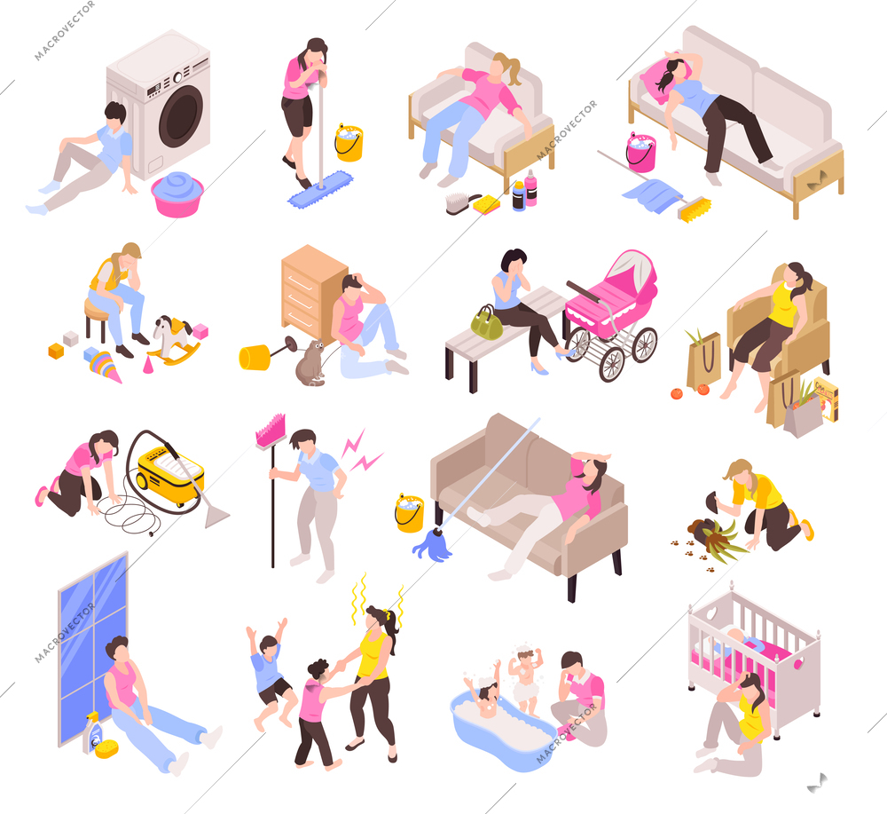 Isometric icons set on women tired of housework isolated vector illustration