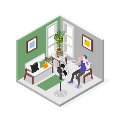 Heat stroke isometric composition with cubic view of living room with suffering guy and spinning fan vector illustration