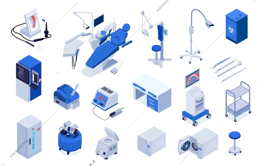 Isometric set of medical equipment and furniture for dental clinic office isolated 3d vector illustration