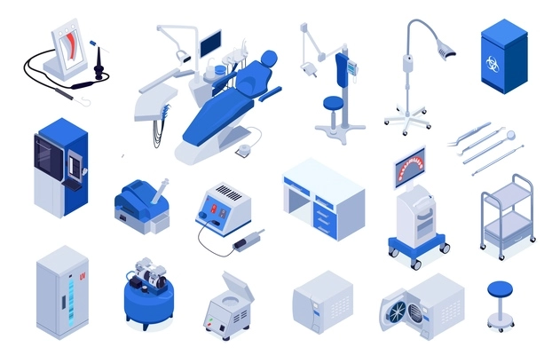 Isometric set of medical equipment and furniture for dental clinic office isolated 3d vector illustration
