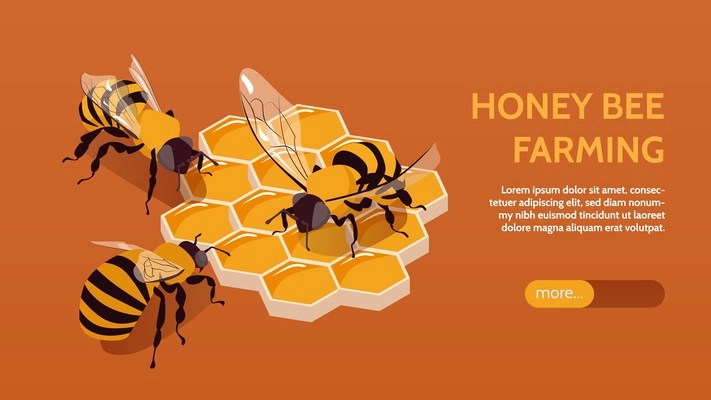 Beekeeping isometric horizontal banner with bees and honeycombs on color background 3d vector illustration