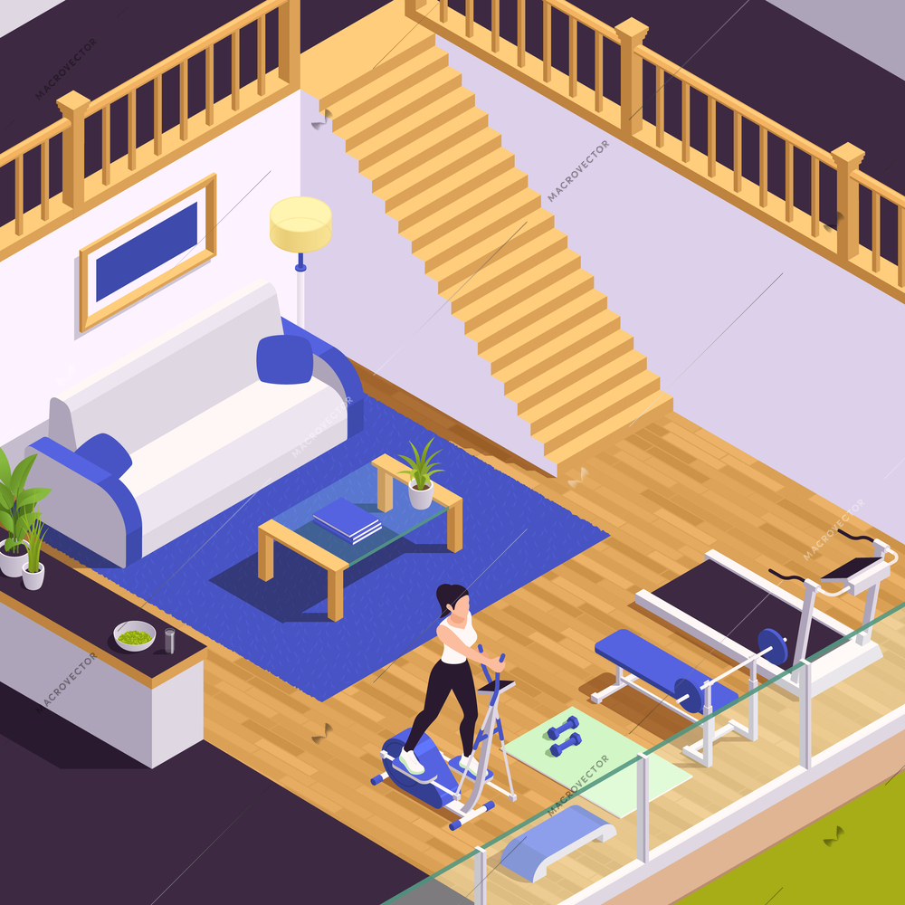 Home gym isometric with girl working on elliptical trainer vector illustration