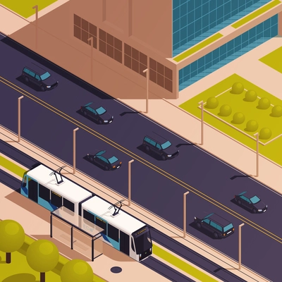 City public transport concept with electric tram isometric vector illustration
