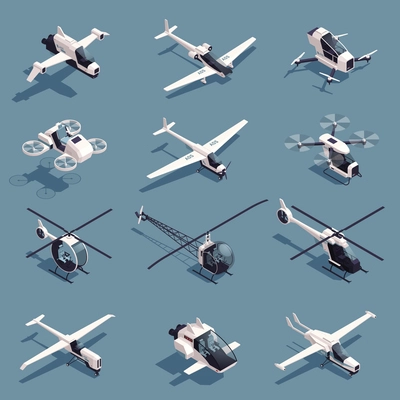 Modern air transport isometric icons set with aiplanes and helicopters isolated vector illustration