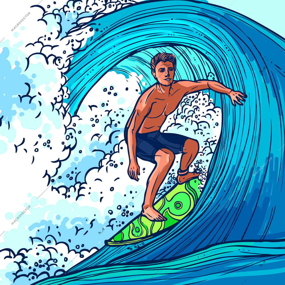 Surfer man on surfboard on wave adventure extreme sport background vector illustration