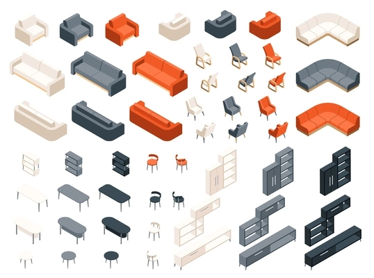 Isometric home furniture interior color set of isolated icons from chairs to sofas and wall cabinets vector illustration
