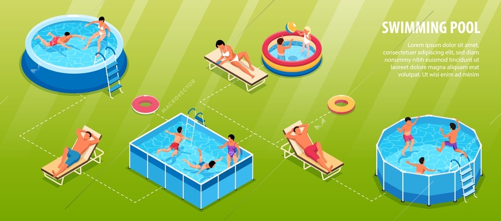 Isometric swimming pool infographics with water pools of different shape people lounge chairs and editable text vector illustration