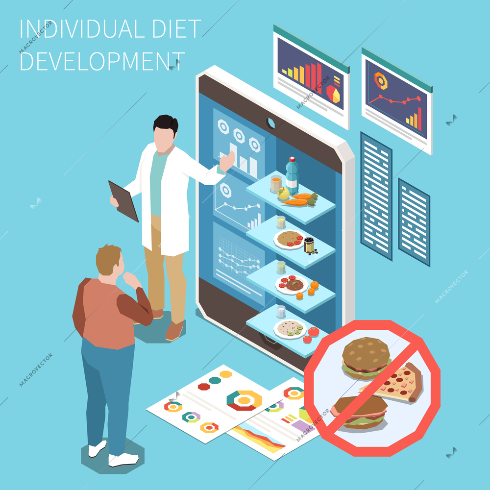 Nutritionist online consultation isometric composition with overweight man prohibited foods and specialist creating individual diet plan vector illustration