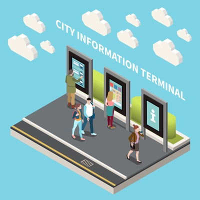 People using city information terminals isometric composition on blue background 3d vector illustration