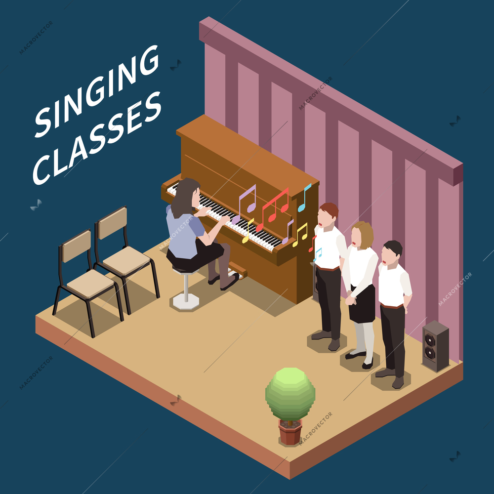 Art school singing classes with teacher playing piano and three students 3d isometric vector illustration