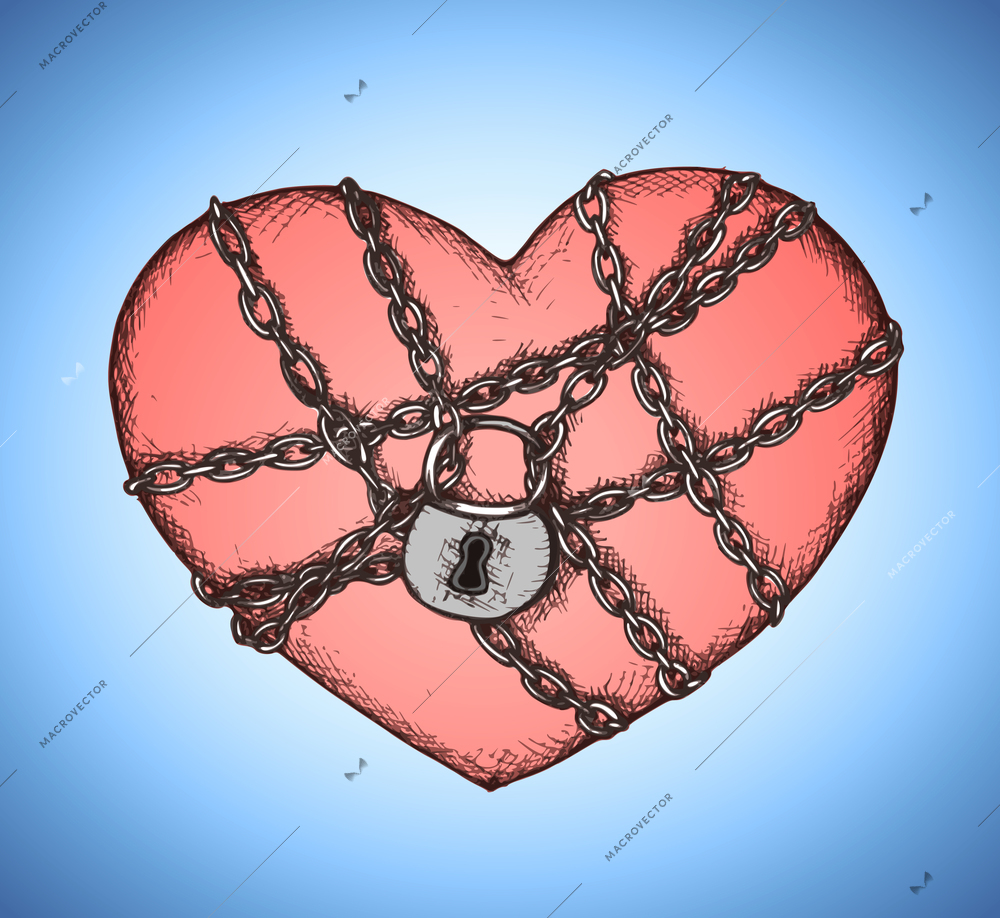 Locked heart with chains emblem vector illustration