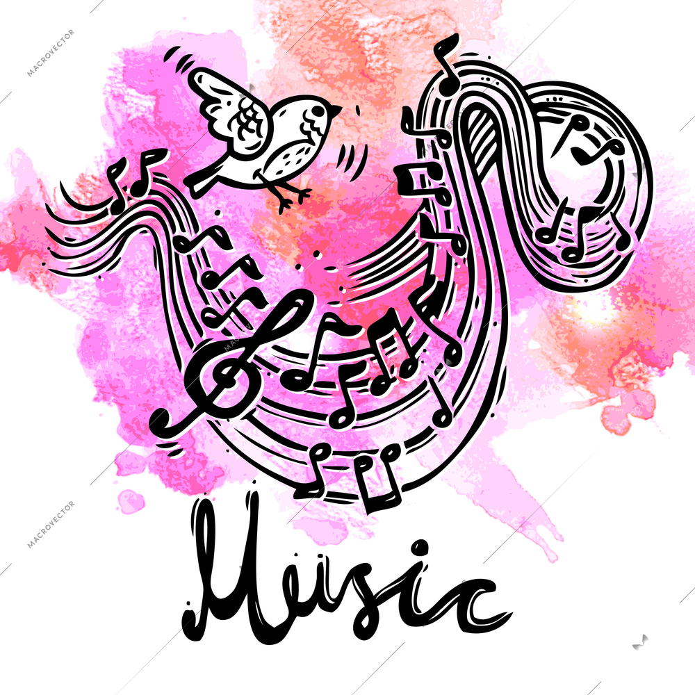 Music sketch background with bird and musical notes and treble clef vector illustration