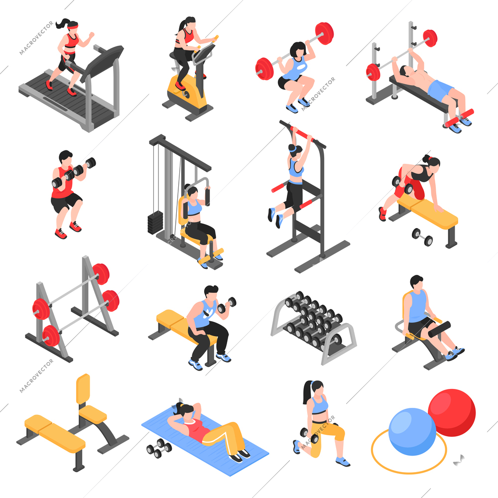 Isometic gym fitness club icons set with males and females training indoors isolated vector illustration