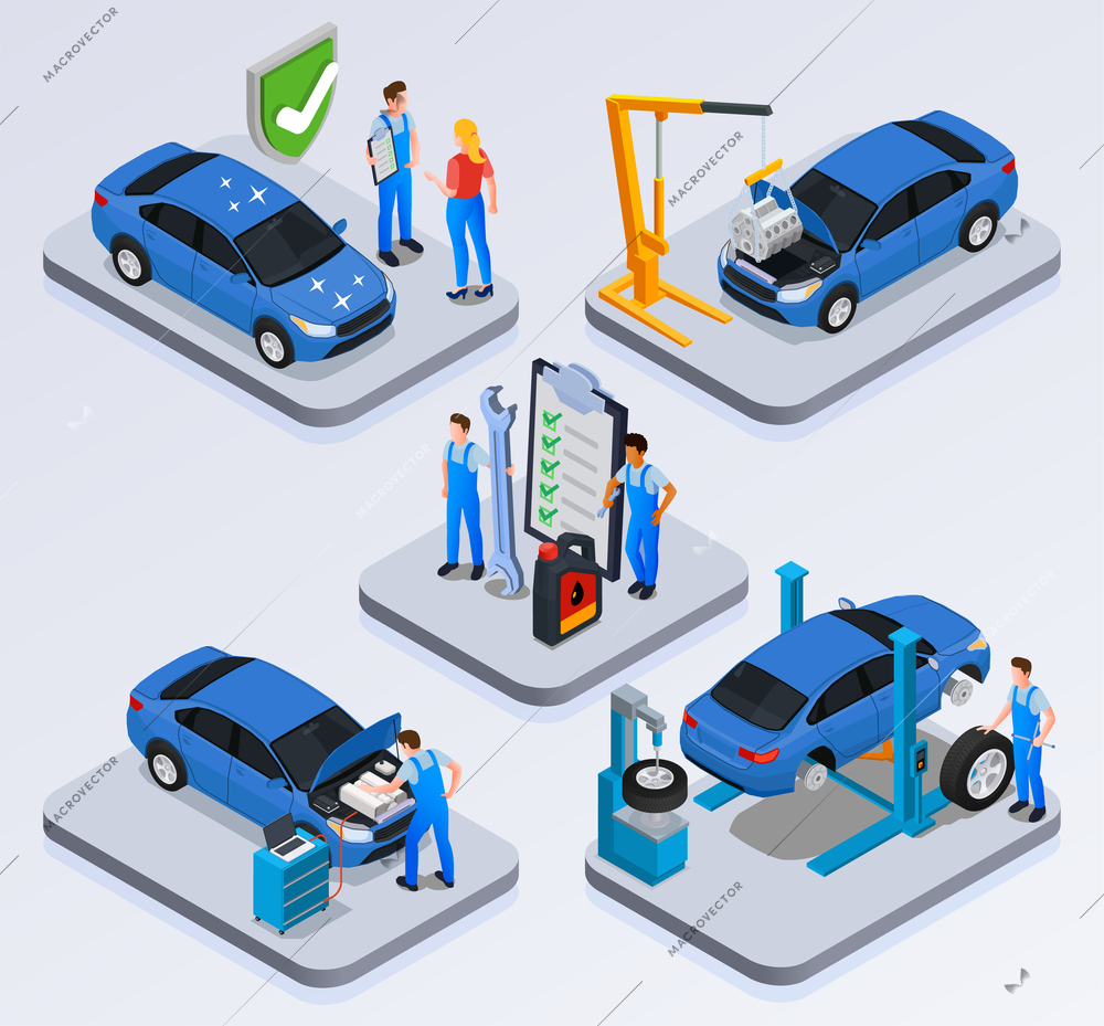 Car service isometric compositions with workshop staff performing diagnostics maintenance wheel balancing isolated vector illustration