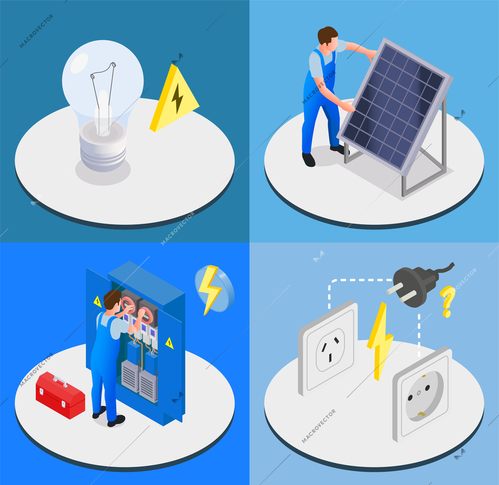 Electrician isometric 2x2 design concept set of four square compositions with professional workers and equipment items vector illustration