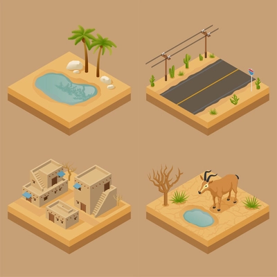 Desert landscape 2x2 design concept set of four isometric compositions with road oasis animals and dwelling vector illustration