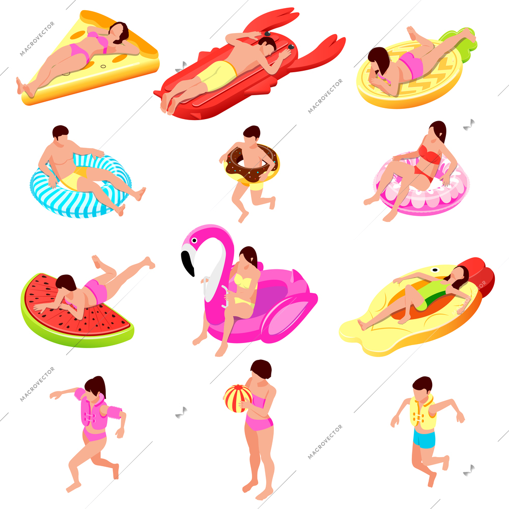 People inflatable toys isometric set of isolated icons with kids and adults riding different air mattresses vector illustration