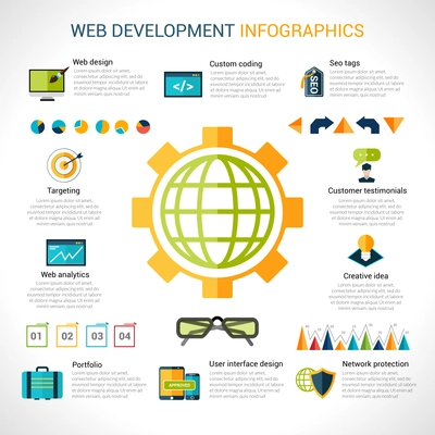 Web development infographics with website optimization elements and charts vector illustration