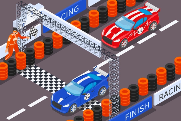 Racing isometric composition with outdoor view of race track with cars crossing finish line with flag vector illustration