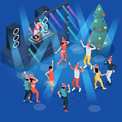 Night club isometric new year composition with indoor view of dancefloor stage dj and dancing people vector illustration