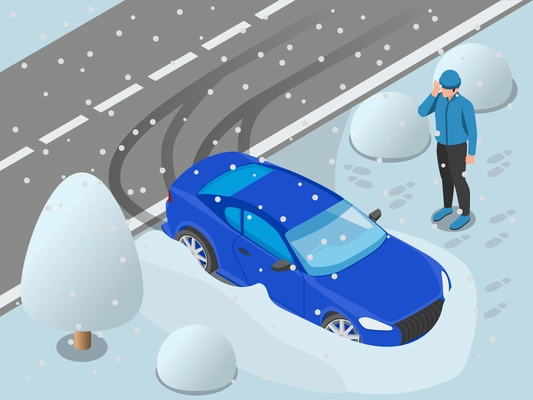 Winter driving car drift accident isometric composition with snowy outdoor scenery and car gone off road vector illustration